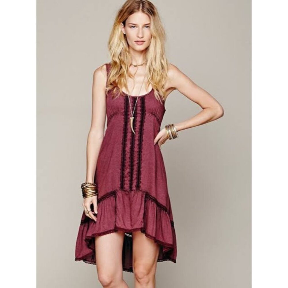 RARE Free People Burgundy High-Low Lace Inset Slip Dress | Boho Cottagecore S